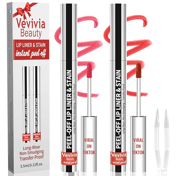 2pcs Lip Stain Peel Off - Lip Liner Stain Long Lasting Waterproof,2-in-1 Lip Liner with Tweezer Nude Matte,Non-Stick Cup,Highly Pigmented,Natural Finish,Stay On All Day,Perfect for Gift (Nude+Cocoa)-VivaGrace Women