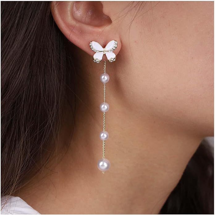 Vintage Butterfly Pearl Drop Earrings Gold Pearl Chain Earrings Long Pearl Tassel Earrings White Butterfly Stud Earrings Wedding Pearl Earrings Jewelry for Women-VivaGrace Women