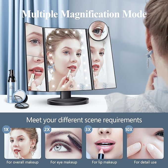 HUONUL Makeup Mirror Vanity with Lights, 2X 3X 10X Magnification, Lighted Mirror, Touch Control, Trifold Dual Power Supply, Portable LED Women Gift (Black)-VivaGrace Women