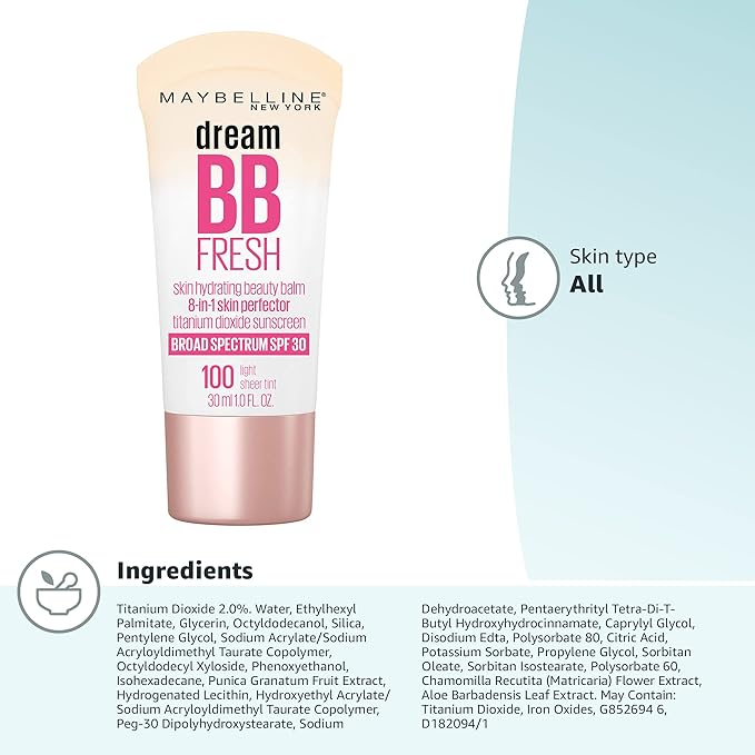 Maybelline Dream Fresh Skin Hydrating BB cream, 8-in-1 Skin Perfecting Beauty Balm with Broad Spectrum SPF 30, Sheer Tint Coverage, Oil-Free, Light, 1 Fl Oz-VivaGrace Women