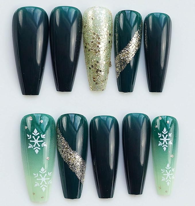 Long Press on Nails Coffin Green and Gold Fake Nails Christmas Press on Nails with Design Nails (Green & Gold)