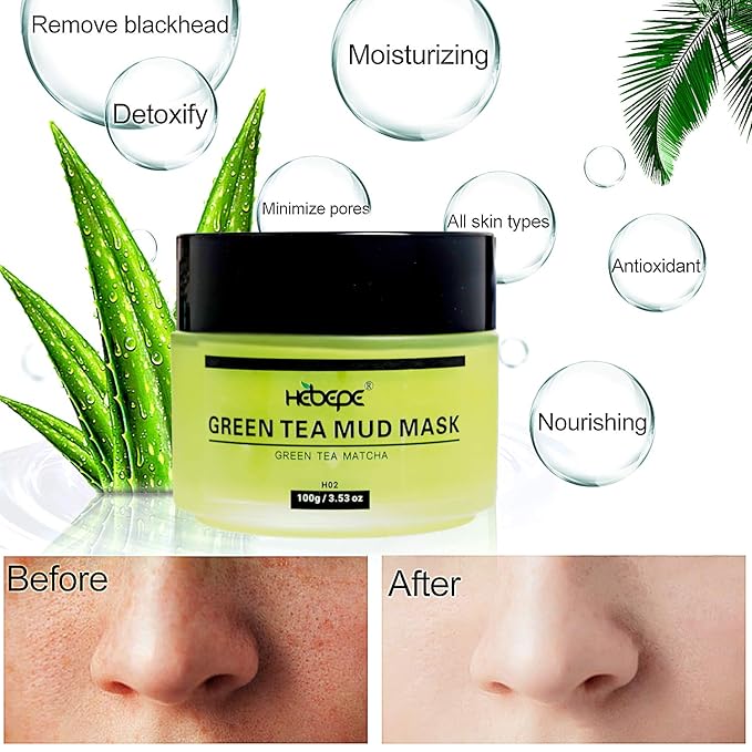 Green Tea Matcha Facial Detox Mud Mask with Aloe Vera, Deep Cleaning, Hydrating, Detoxing, Healing, and Relaxing Volcanic Clay Facial Mask-VivaGrace Women