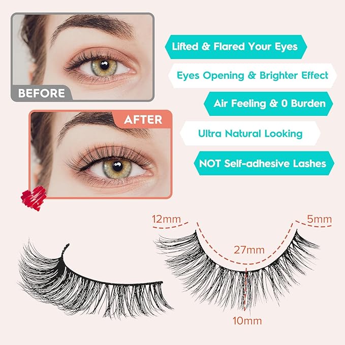 Lashes Wispy False Eyelashes Cat Eye Lashes Natural Look 3D Volume Fake Eyelashes Thin Band Lashes 12mm Natural Eye Lashes C Curl Siligli Lashes Pack 10 Pair-VivaGrace Women