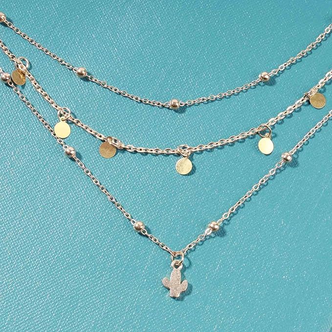 Boho Layered Disc Coin Necklace Choker Gold Cactus Pendant Necklace Stacking Satellite Chain Necklace Vintage Multilayer Necklace Chain Jewelry for Women and Girls Gifts-VivaGrace Women