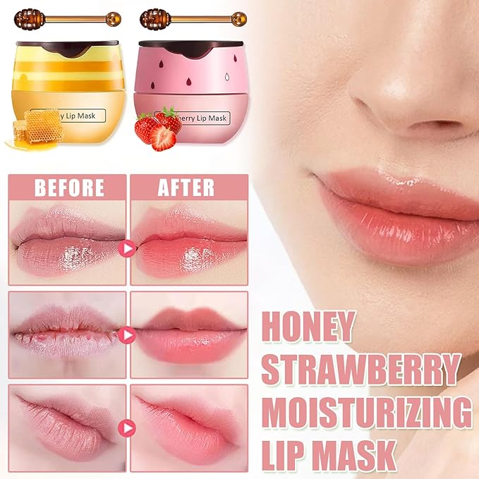 Bee Lip Balm Honey Pot,3 PCS Strawberry&Honey&Watermelon Lip Sleeping Mask,Hydrating Prevention Dry and Cracked Lip Scrubs Exfoliator Lip Care,Moisturizing Lip Mask Overnight Reduces Lip Lines-VivaGrace Women