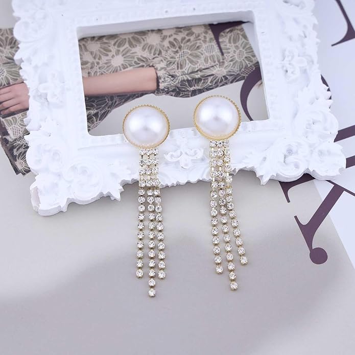 Vintage Crystal Pearl Drop Earrings Cz Bridal Crystal Earrings Long Rhinestone Tassel Earrings Gold Pearl Stud Earrings Jewelry for Women-VivaGrace Women