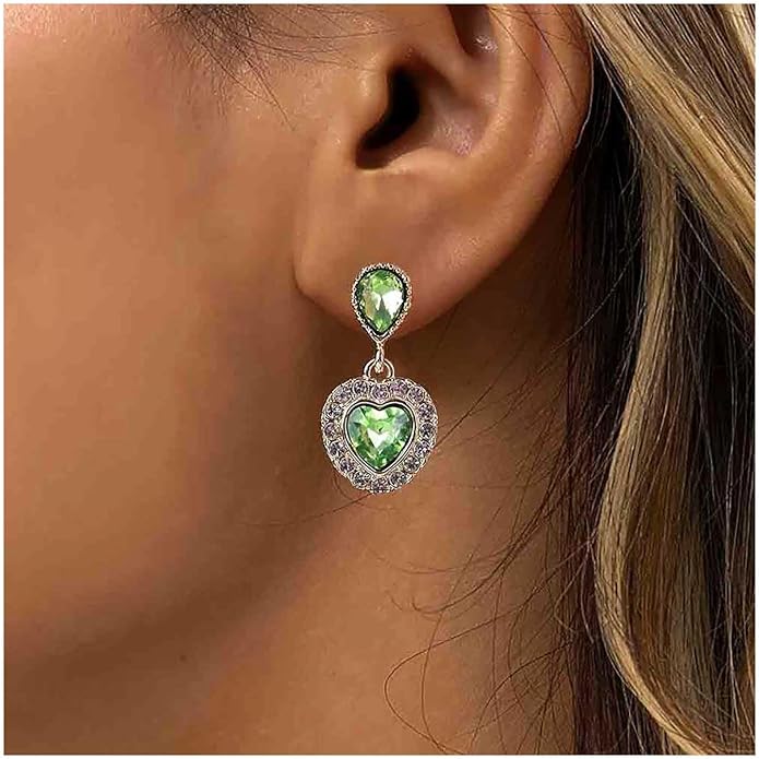 Vintage Emerald Heart Earrings Emerald Cz Teardrop Earrings Rhinestone Heart Drop Earrings Green Gemstone Stud Earrings Jewelry for Women(Green)-VivaGrace Women