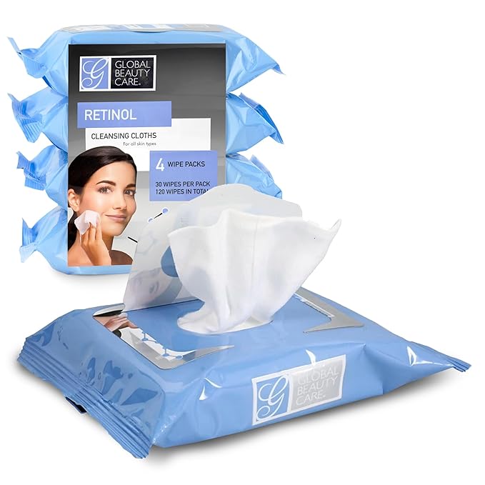 Global Beauty Care Retinol Cleansing Facial Towelettes, Makeup Remover Wipes, Nourishing Face & Eye Hypoallergenic, Paraben-Free, Non-Comedogenic, Hydrates & Smooths Skin 30 Wipes, 120 Count 4 Pack