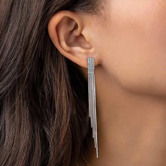 Vintage Rhinestone Dangle Earrings Gold Sleek Chain Drop Earrings Crystal Long Chain Tassel Earrings Sleek Metal Chain Earrings Jewelry for Women-VivaGrace Women