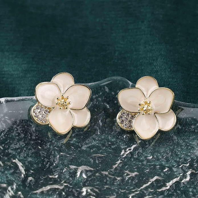 Vintage Enamel Flower Stud Earrings Camellia Flower Earrings Gold Crystal Flower Petal Earrings White Petal Stud Earrings Jewelry for Women-VivaGrace Women