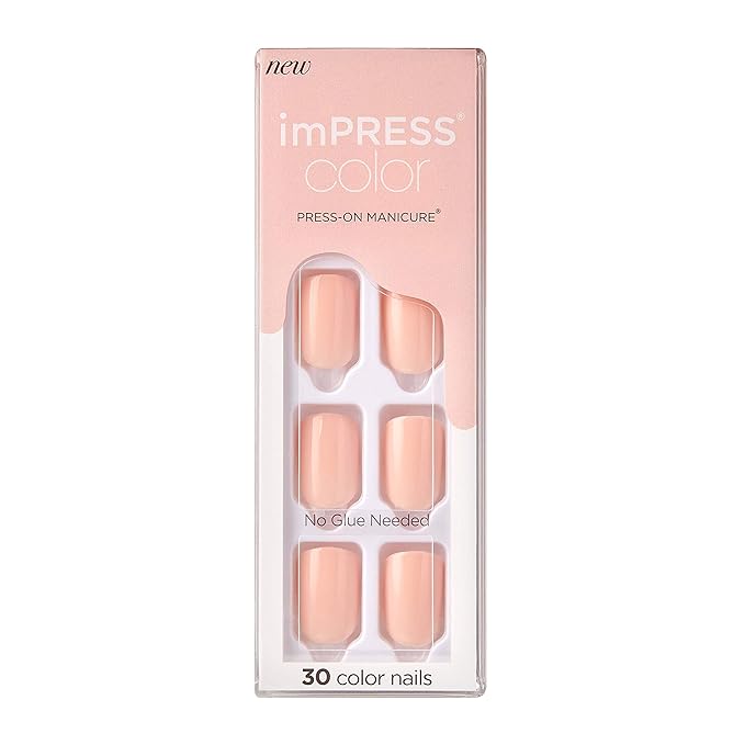 KISS imPRESS No Glue Mani Press On Nails, Color, 'Peevish Pink', Pink, Short Size, Squoval Shape, Includes 30 Nails, Prep Pad, Instructions Sheet, 1 Manicure Stick, 1 Mini File