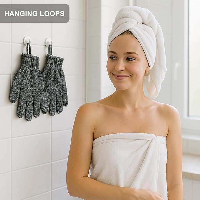 Exfoliating Gloves with Hanging Loop - 1 Pair Bamboo Charcoal Bath/Shower Gloves, Bath Gloves for Shower Exfoliating and Ingrown Hair/Dead Skin Remover - Bamboo Charcoal - Exfoliator Mitt Scrub Gloves-VivaGrace Women