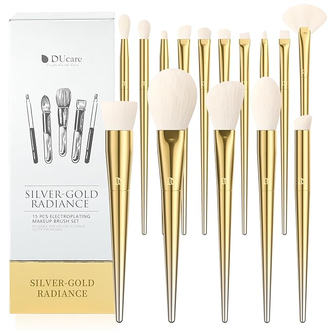 DUcare Makeup Brushes 15Pcs Makeup Brush Set with Holder Premium Synthetic Powder Foundation Contour Blush Concealer Eye Shadow Blending Liner Make Up Brush Kit gold-silver-VivaGrace Women