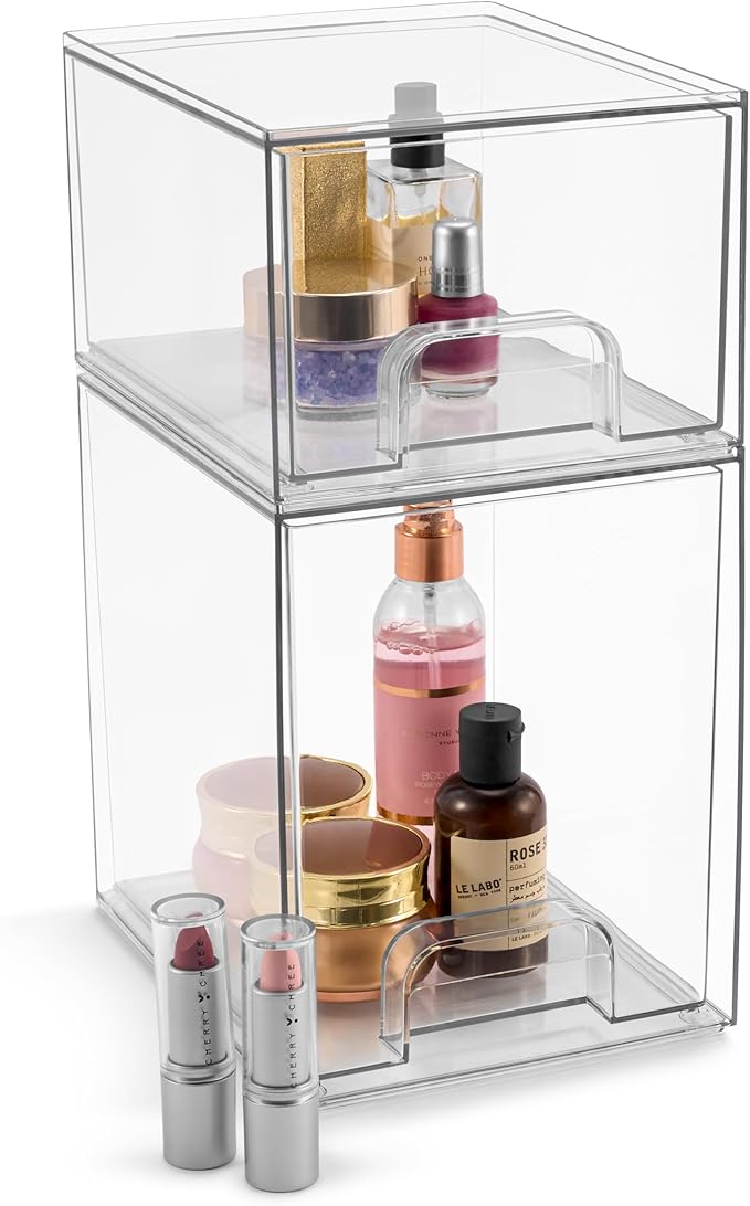Sorbus Acrylic Storage Containers - 2 Pack, Stackable Storage Bins Set for Bathroom Organization - Clear Acrylic Drawer Organizers - Makeup Case Pull-Out Drawers (7.6’’ and 4.4’’ Tall)-VivaGrace Women