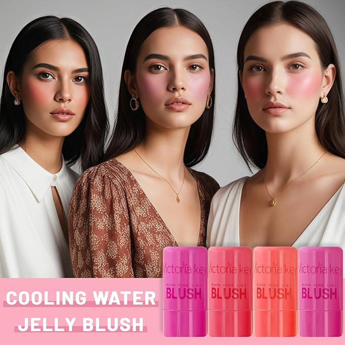 4 Pcs Jelly Blush Stick,Sheer Lip & Cheek Stain Makeup Cooling Water Jelly Tint, Multiple Use Long Lasting Jelly Texture Non-Stick Blush for Cheeks, Pigmented Waterproof Makeup Blush-VivaGrace Women