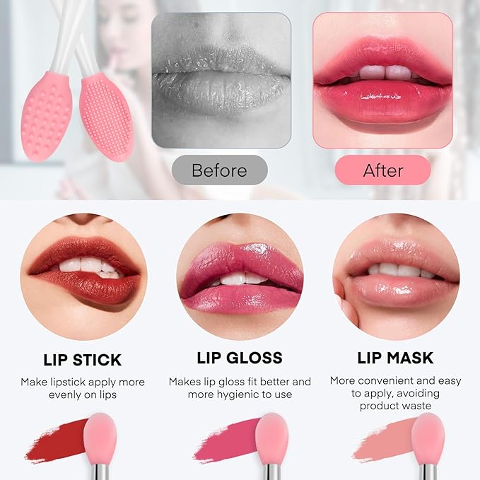 Unaone Lip Scrub Brush - 2 PCS Dual-ended Lip Scrubber Exfoliator and Silicone Lip Brush, 3-in-1 Silicone Lip Scrub Tool Lip Mask Applicator, Gentle Exfoliator & Applicator for Soft-VivaGrace Women