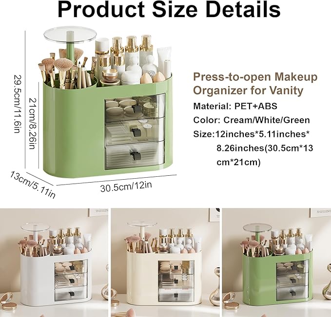 DASITON Makeup Organizer with 3 Drawers,Automatic Lifting Makeup Brush Holder with Lid,Large Capacity Makeup Organizers for Vanity,Bathroom Countertop,Ideal Storage Skin Care,Brushes,Lipstick (Green)-VivaGrace Women