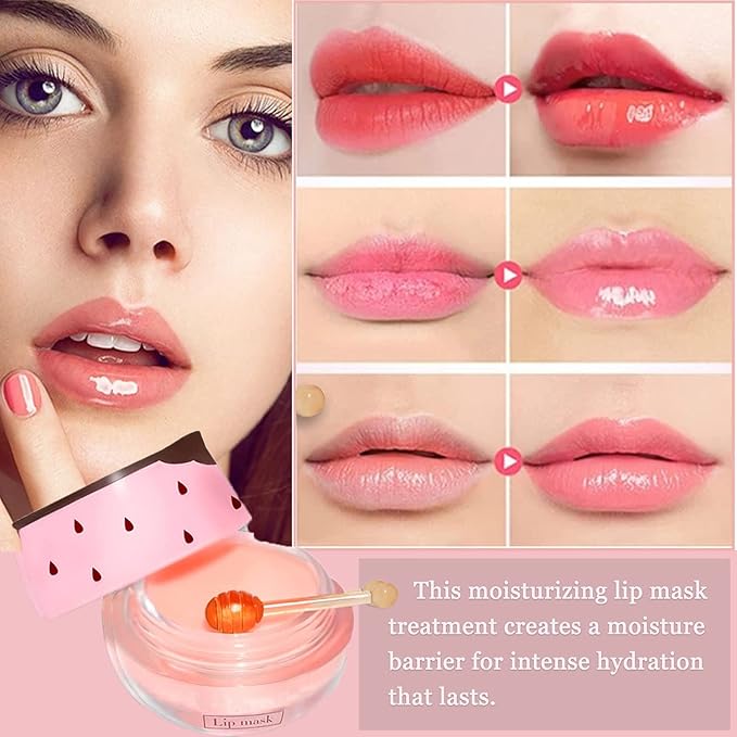 Strawberry Lip Sleeping Mask,Plumping Lip Hydrating Bee Lip Balm Honey Pot Propolis Moisturizing Lip Balm With Stick,Lip Exfoliating Bee Lip Balm Sleeping Lip Mask-VivaGrace Women
