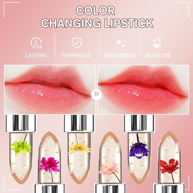 3 Pcs/Set Flower Jelly Lipstick Set Temperature Change Moisturizer Long Lasting Nutritious Balm Magic Color Change Lip Gloss (3Pcs Flower Jelly Lipstick 010203)-VivaGrace Women