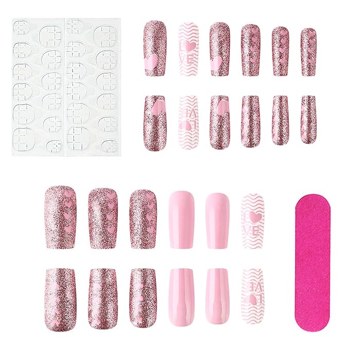 Valentine Press on Nails Medium Square Fake Nails Pink False Nails with Heart Designs Glitter Full Cover Glue on Nails Sparkly Artificial Nails Cute Stick on Nails for Women 24Pcs