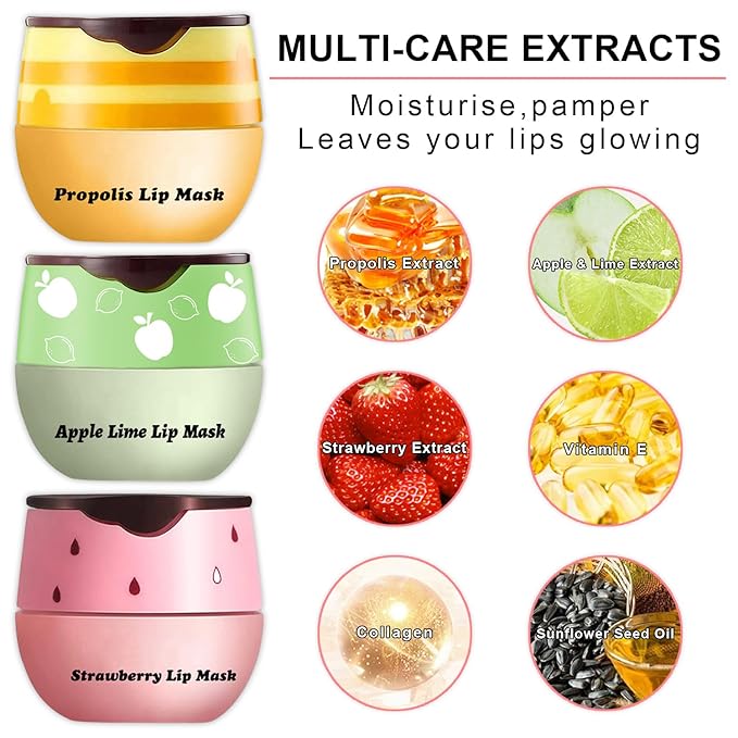 3Pcs Lip Balm Honey Pot with Stick, Honey Strawberry Apple Moisturizing and Hydrating Sleeping Lip Mask, Day and Night Repair and Care, Improve Lip Color, Reduce Lip Lines (SET A)-VivaGrace Women