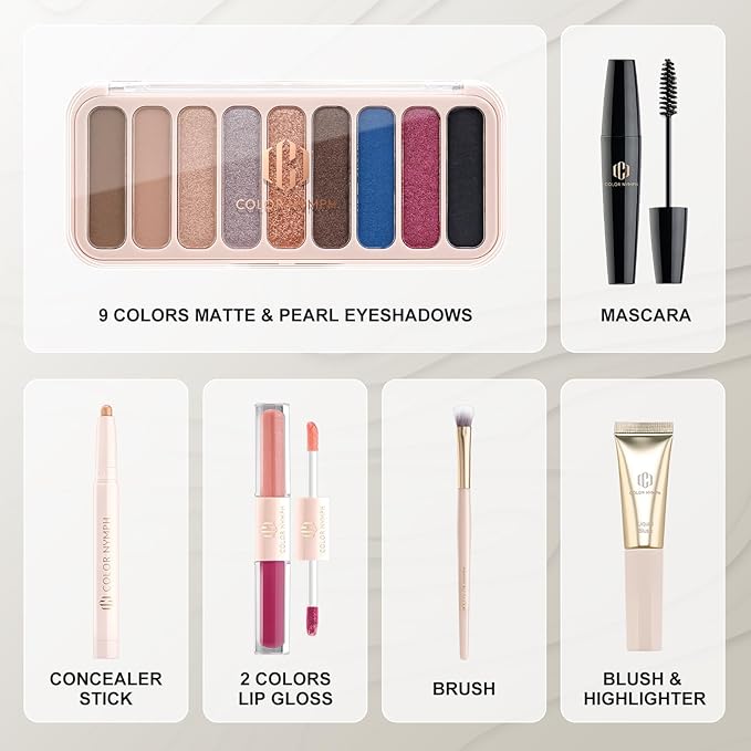 Color Nymph All In One Makeup Kit For Teens And Girls With Waterproof Handbag Makeup Kit Included 9 Colors Matte And Pearl Eyeshadow Palette Liquid Blush, Double Ended Lipgloss Concealer Brush Mascara-VivaGrace Women