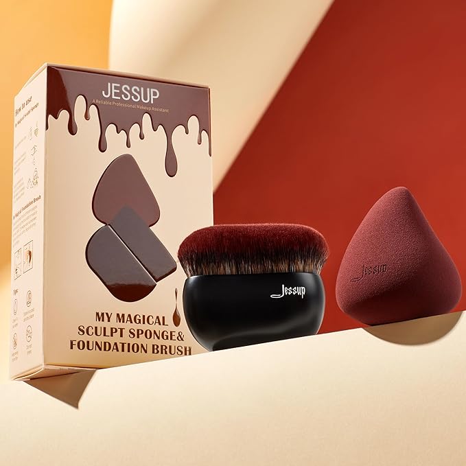 Jessup Foundation Brush with Makeup Sponge, Black Makeup Brush Flat Top Kabuki Brush for Liquid Blending Stippling, T881-VivaGrace Women