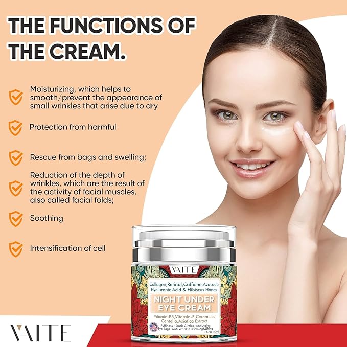 Under Eye Cream with Collagen, Retinol, Caffeine, Avacado Hyaluronic Acid & Hibiscus Honey for Night and Day with Vitamin B5, E for Puffiness Circles Anti Aging Eye Bags and Anti Wrinkle-VivaGrace Women