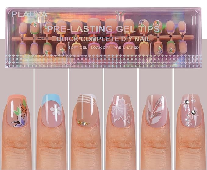 6 Packs (144 Pcs) Short Press on Nails Square, Plauva French Tip Matte Fake Nails, Flower Stick On Nails, Reusable Full Cover Press on Nails for Women and Girls