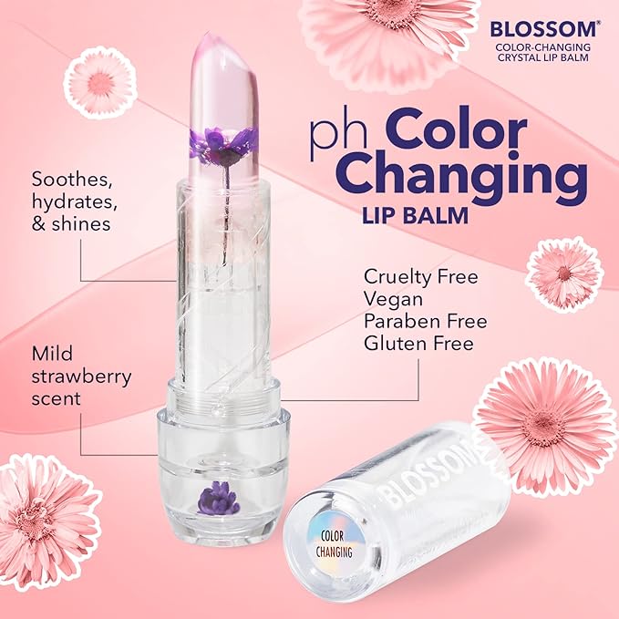 Blossom Moisturizing Custom Color Changing Crystal Lip Balm, Strawberry Scented, Lip Stain Tint, Infused with Real Flowers, 3g, Purple-VivaGrace Women
