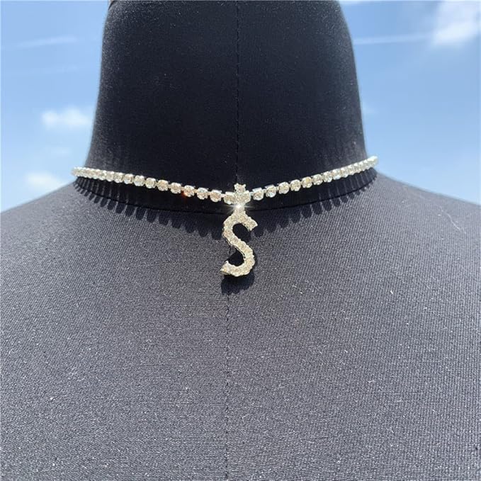 Silver Choker Necklace Rhinestones Shinning Letter M Fashion Letter A Sparkly Letter S Jewelry for Women Girls-VivaGrace Women