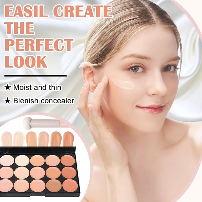 15 Colors Correcting Concealer Contour Palette,Cream Contour Makeup Palette with Brush,Contouring Liquid Foundation Concealer Palette Highlighting Makeup Kit for Conceals Dark Circles,Blemish-VivaGrace Women