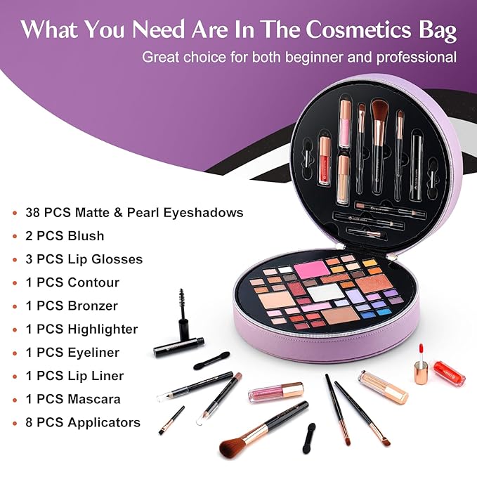 Color Nymph All In One Makeup Kit For Teens With Portable Cosmetics Bag, Multiple Makeups For Begginers As New Year,Birthday Gift Included 38-Colors Eyeshadows Lipglosses Brushes (Purple)-VivaGrace Women