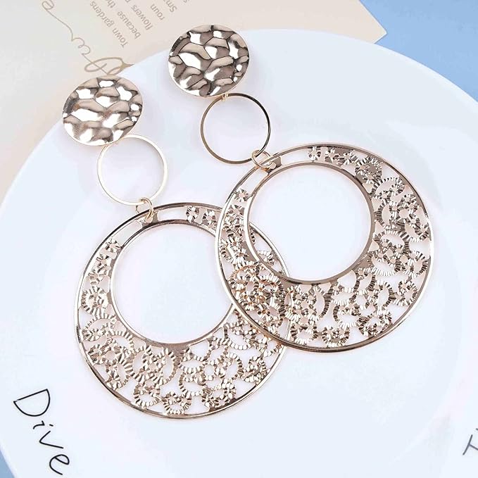 Boho Large Filigree Disc Dangle Earrings Stud Vintage Tribal Ethnic Hollow Carved Earrings Gold Geometric Floral Hoop Drop Earrings Statement Wedding Prom Earrings Jewelry for Women Girls-VivaGrace Women