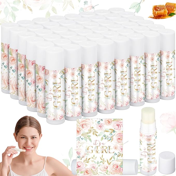 50 Pack Floral Baby Shower Lip Balm Party Supplies Bulk for Girls Guests It's a Girl Baby Shower Gifts Gender Reveal Favors Prizes Souvenirs Winners Thank You Appreciation Gifts-VivaGrace Women