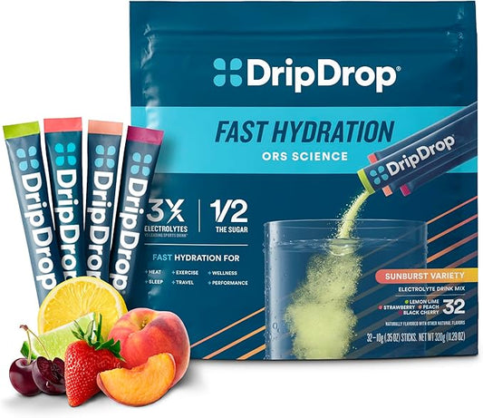 DripDrop Hydration Packets - Sunburst Variety Pack - Single Serve Electrolytes Powder Drink Mix - Lemon Lime, Strawberry, Peach, Black Cherry - Non-GMO, Gluten Free, Vegan - 32 Sticks-VivaGrace Women