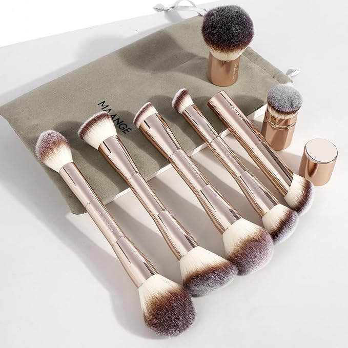 MAANGE 7pcs Makeup Brush Set Double Sided Kabuki Makeup Brushes Contour Brush for Foundation Liquid Powder Concealer Cream Cosmetics Bronzer Blending Blush Buffing Makeup Tools (Gold)-VivaGrace Women
