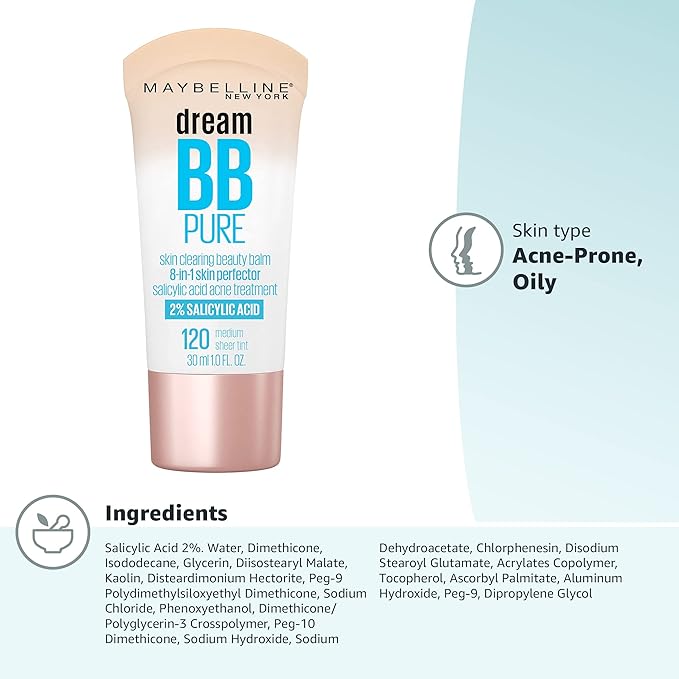 Maybelline Dream Pure Skin Clearing BB Cream, 8-in-1 Skin Perfecting Beauty Balm With 2% Salicylic Acid, Sheer Tint Coverage, Oil-Free, Medium, 1 Count-VivaGrace Women