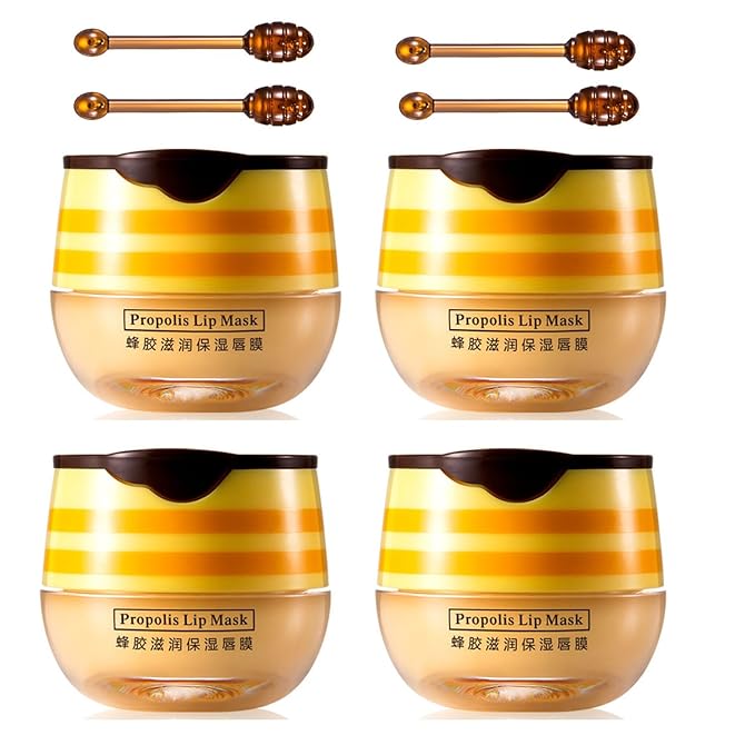 4 PCS Bee Lip Balm Honey Pot,Honey Lip Mask,Honey Propolis Lip Mask Moisturizing Moisture Nourishing Dry & Chapped Lips,Lip Care and Reduces Lip Lines,Lip Exfoliating-VivaGrace Women