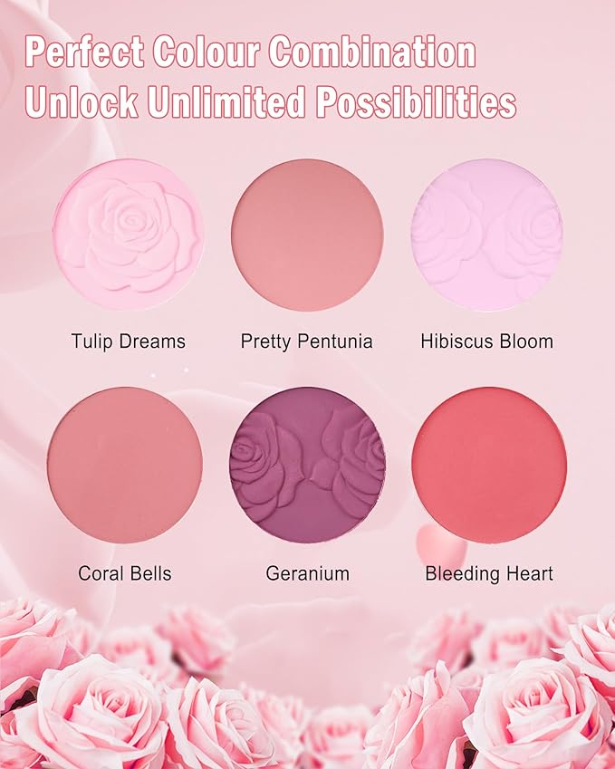 Matte Rose Face Blush Palette Kit with Brush-6 Colors Pink Purple Silky Mineral Blendable Blusher Contour Powder for Cheeks,Longlasting Facial Eyeshadow Beauty Cosmetic Makeup Gift for Women-Set 01-VivaGrace Women