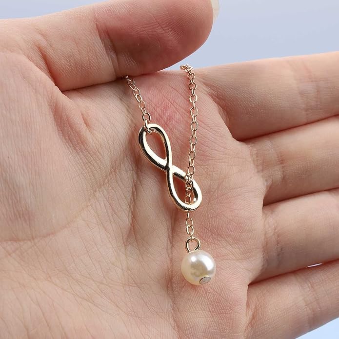 Boho Pearl Infinity Necklace Silver Y Pearl Necklace Minimalist Chain Y Lariat Necklace Chain Jewelry for Women and Girls-VivaGrace Women