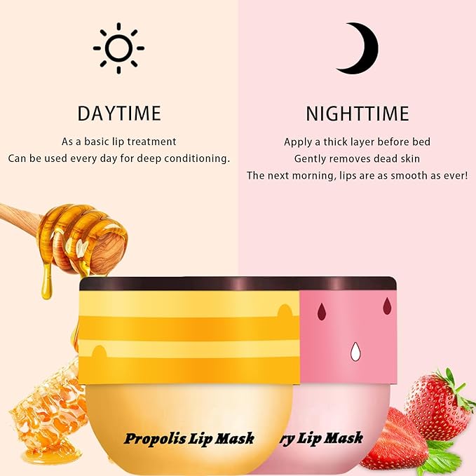 2PCS Lip Mask Overnight, Honey&Strawberry Moisturizing Repair Sleeping Lip Balm, Fade Lip Lines Bee Lip Balm, Hydrating &Prevention Dry and Crack Lip Scrubs Exfoliator (Honey & Honey)-VivaGrace Women