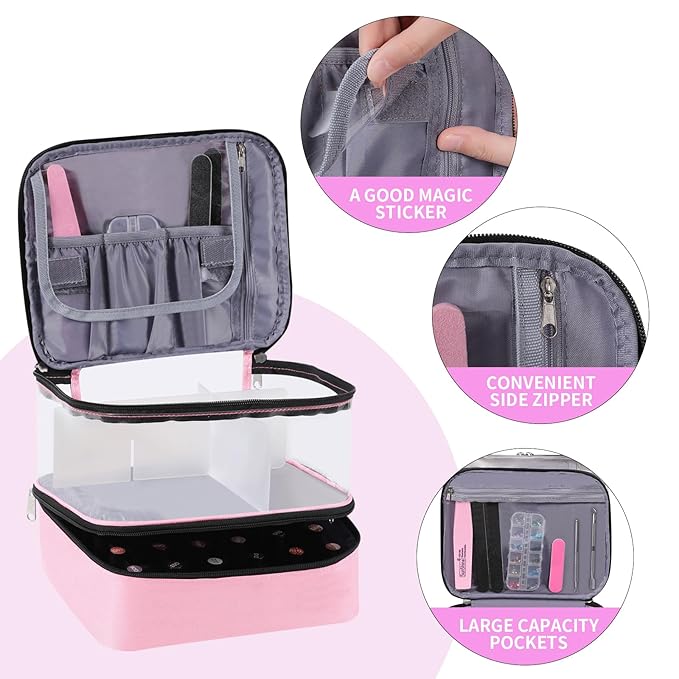 Clear Nail Polish Organizer Double layer Nail Polish Holds 30 Bottles and Nail Lamp, Nail Dryer Case Storage Supplies with Adjustable Dividers, Portable Nail Carrying Bag for Nail Tech (Pink)