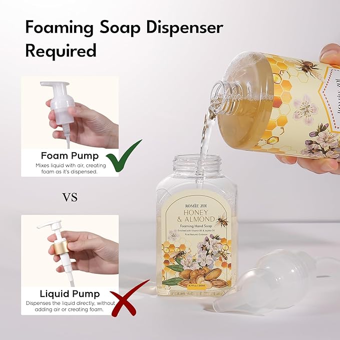 Natural Honey & Almond Scented Foaming Hand Soap Refill Gift Set - 3 Pack with Dispenser, Non-Toxic and Biodegradable Formula, Moisturizing Essential Oils for Sensitive Skin (33.8 Fl Oz x 3)