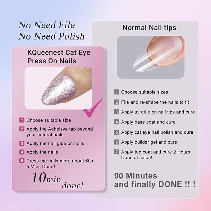 KQueenest Glitter Cat Eye Press on Nails Short Almond with UV Coating, Thick Cute Gel Nails Press on, Gloss Acrylic Fake Nails Glue on with Bling Designs - 30 Reusable False Nails, Lilac Sparkle