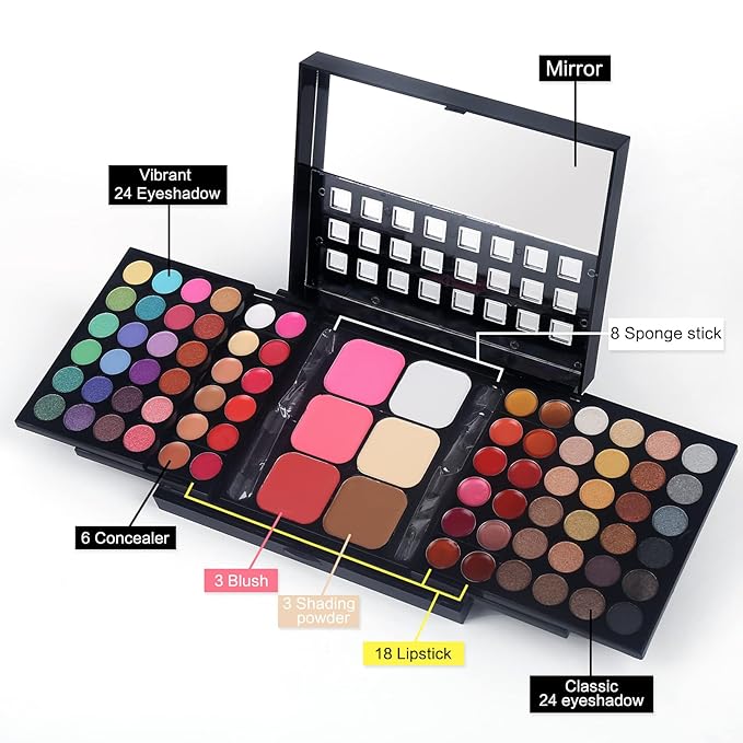 Full Makeup Kit with Applicator - 78 Color Cosmetic Gift Set Include Eyeshadow/Lipstick/Blush/Contour/Concealer, Mascara, Lip Liner, Eyeshadow Primer, Eyebrow Powder, Sponge and 8pcs Makeup Brush-VivaGrace Women