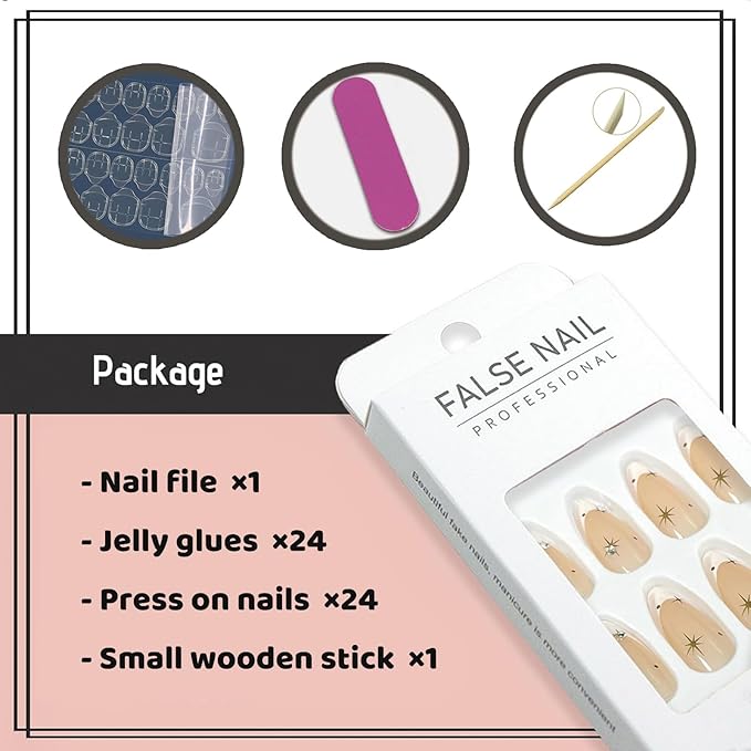 Almond Press on Nails Medium French Tip Fake Nails with Star Designs Acrylic False Nails Glossy Glue on Nails Cute Stick on Nails for Women and Girls