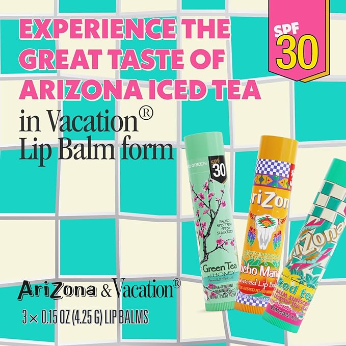 AriZona Iced Tea SPF 30 Lip Balms 3-Pack by Vacation Sunscreen, Hydrating Lip Sunscreen Chapstick, Water Resistant Vegan Sunscreen Lip Balm, 3 Iconic Flavors, Limited Edition SPF Chapstick (Pack of 3)-VivaGrace Women