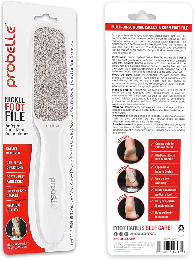 Probelle Double Sided Multidirectional Nickel Foot File Callus Remover - Immediately Reduces calluses and Corns to Powder for Instant Results, Safe Tool (White)-VivaGrace Women