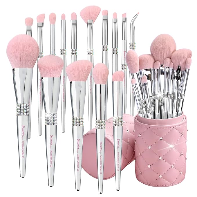 Bueart Design Elegant pink Ultra soft labeled Makeup Brushes Sets with Brush Holder makeup brush set with Foundation Powder blush blending contour Brush (15Pcs Silver Pink+Holder)-VivaGrace Women